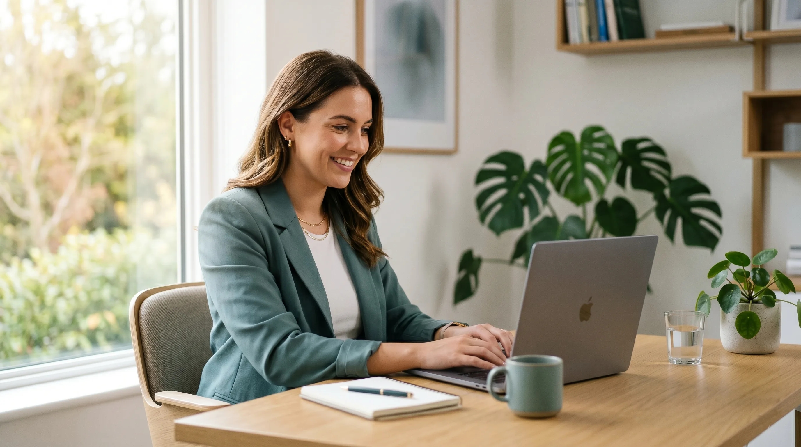 Profissional sorrindo enquanto organiza sua rotina em um laptop