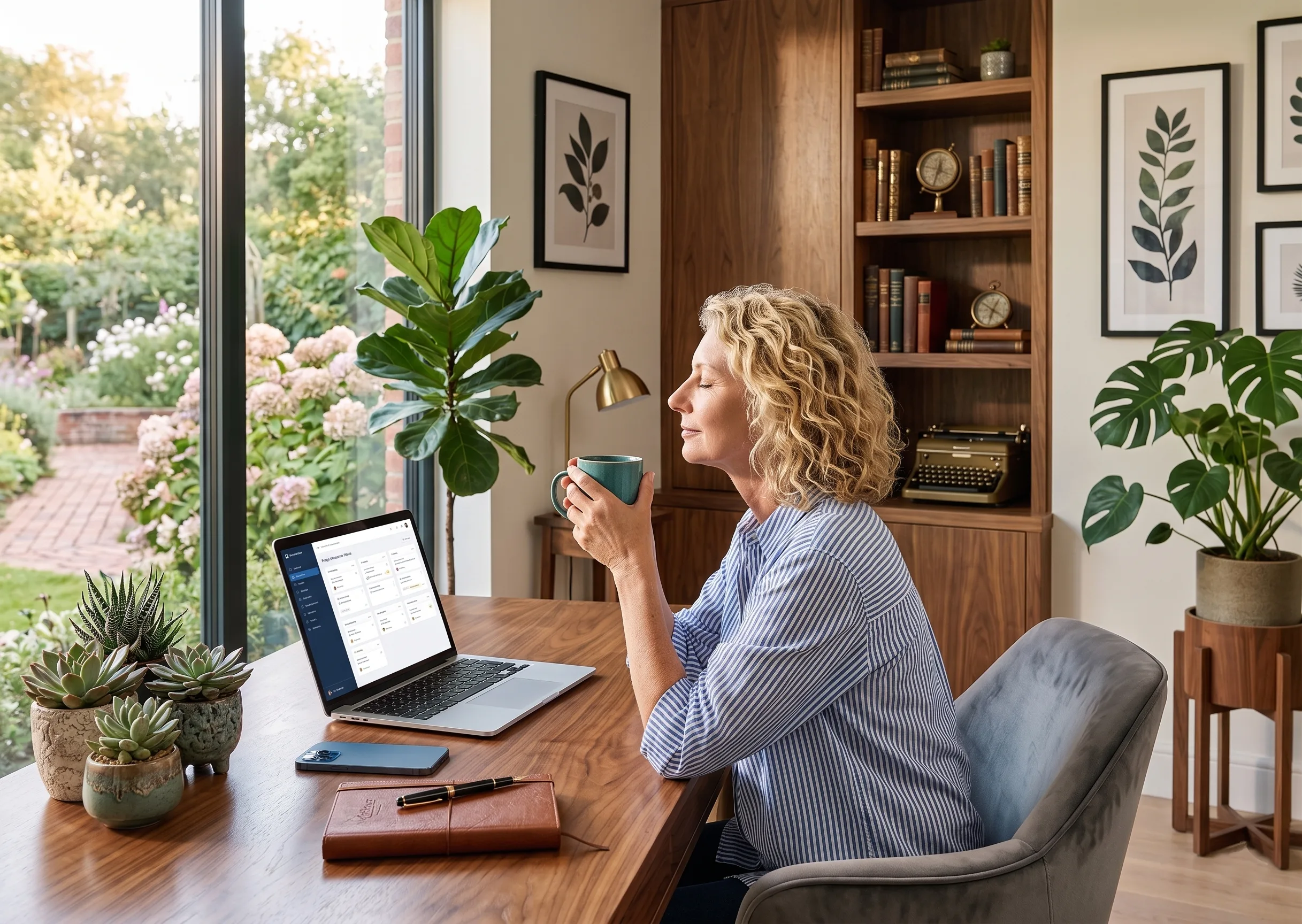 Profissional tranquila com laptop em home office