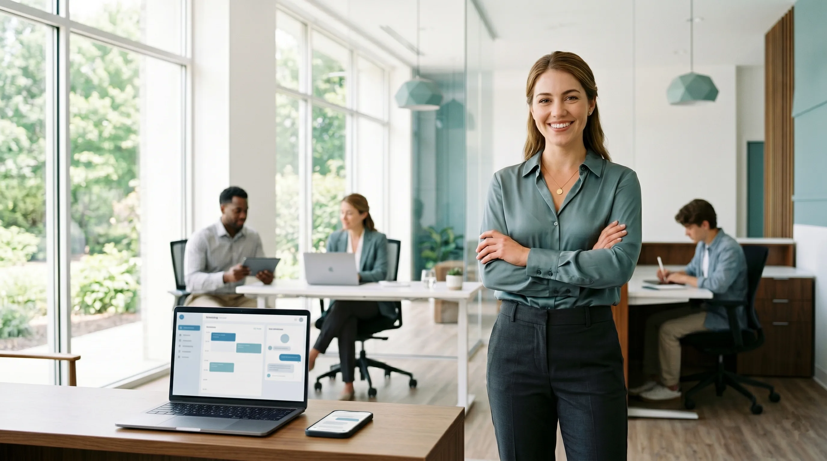 Empreendedora confiante em um escritório moderno com equipe trabalhando ao fundo