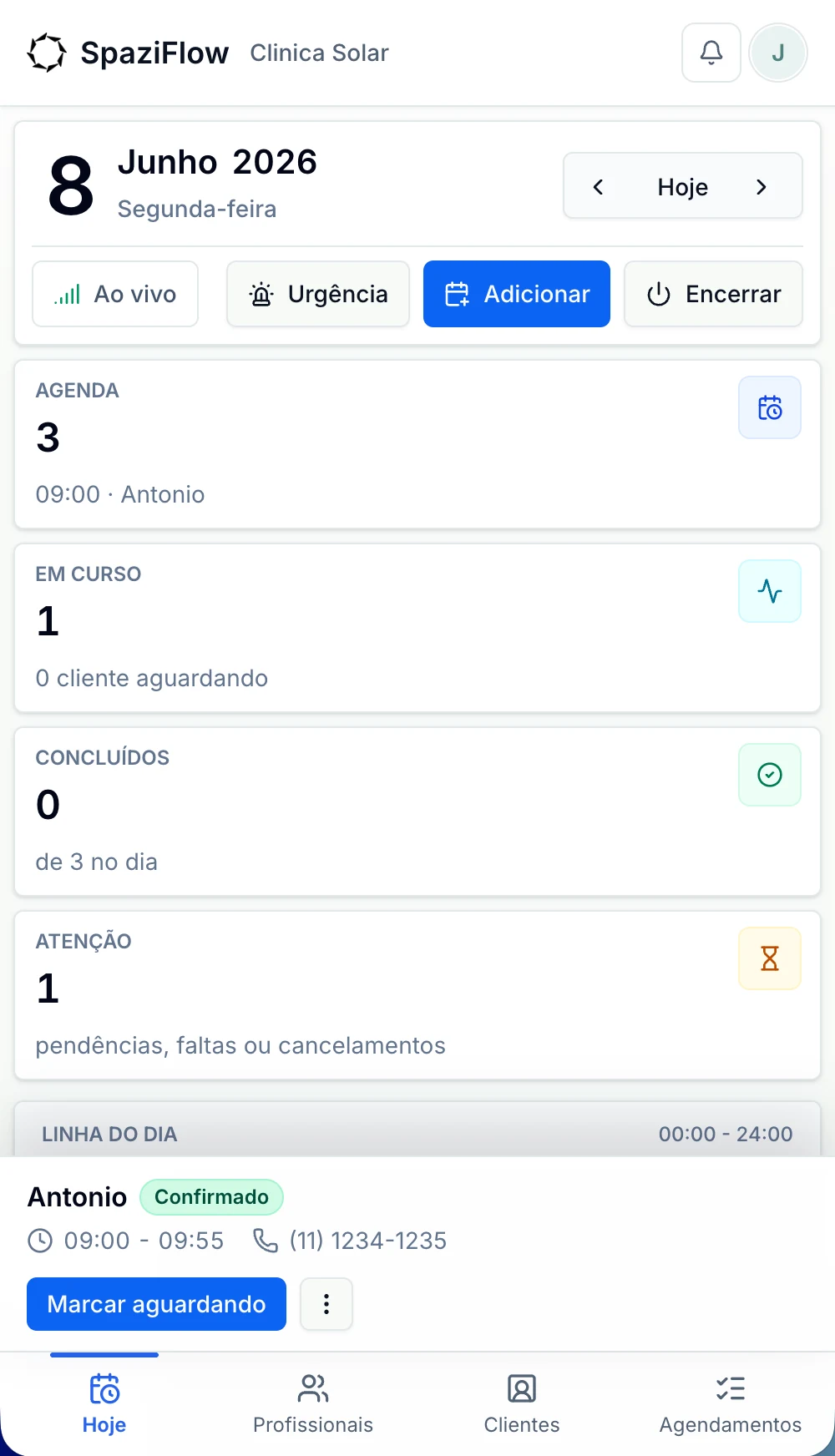 Tela mobile do SpaziFlow com indicadores do dia e botões de ação da agenda