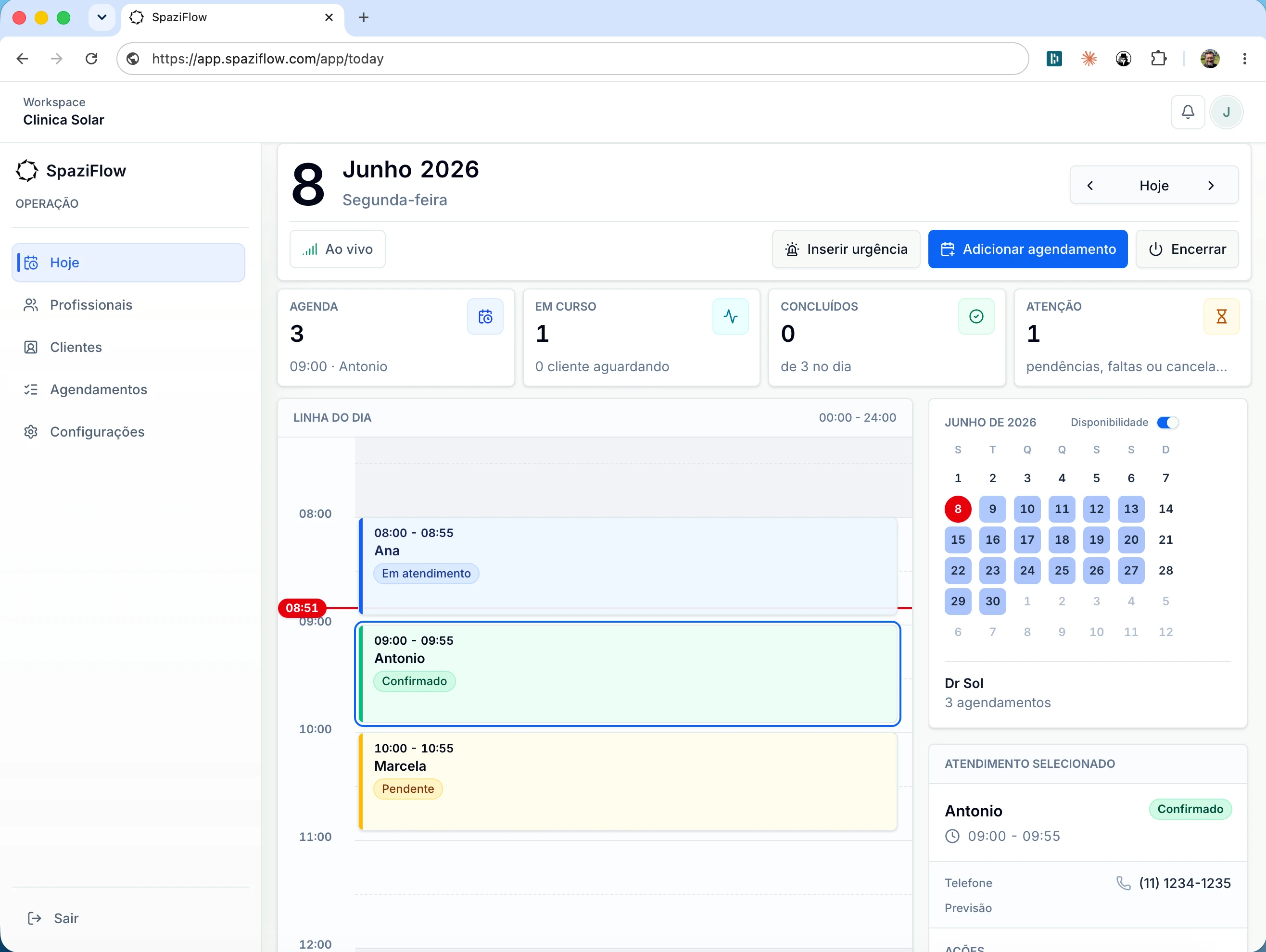 Tela desktop do SpaziFlow com resumo do dia, indicadores, calendário e linha de atendimentos